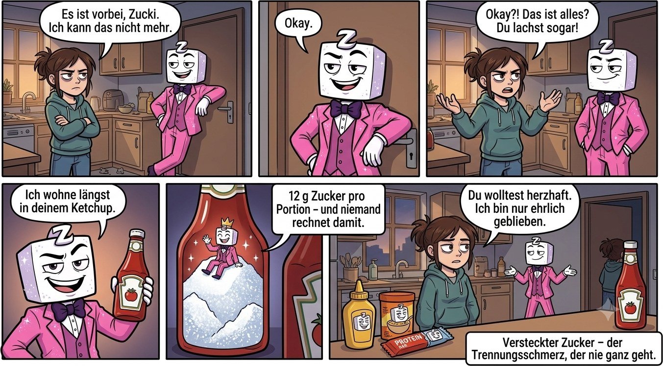 Sechs Panels: Mia sagt, es ist vorbei, sie kann nicht mehr. Zucki antwortet nur „Okay.“ und lächelt. Mia empört: „Das ist alles? Du lachst sogar!“ Zucki hält eine Ketchupflasche hoch: „Ich wohne längst in deinem Ketchup.“ Er thront auf einem Zuckerberg in der Flasche: zwölf Gramm Zucker pro Portion, und niemand rechnet damit. Zum Schluss steht er zwischen Senf, Proteinriegel und Dose in Mias Küche: „Du wolltest herzhaft. Ich bin nur ehrlich geblieben.“