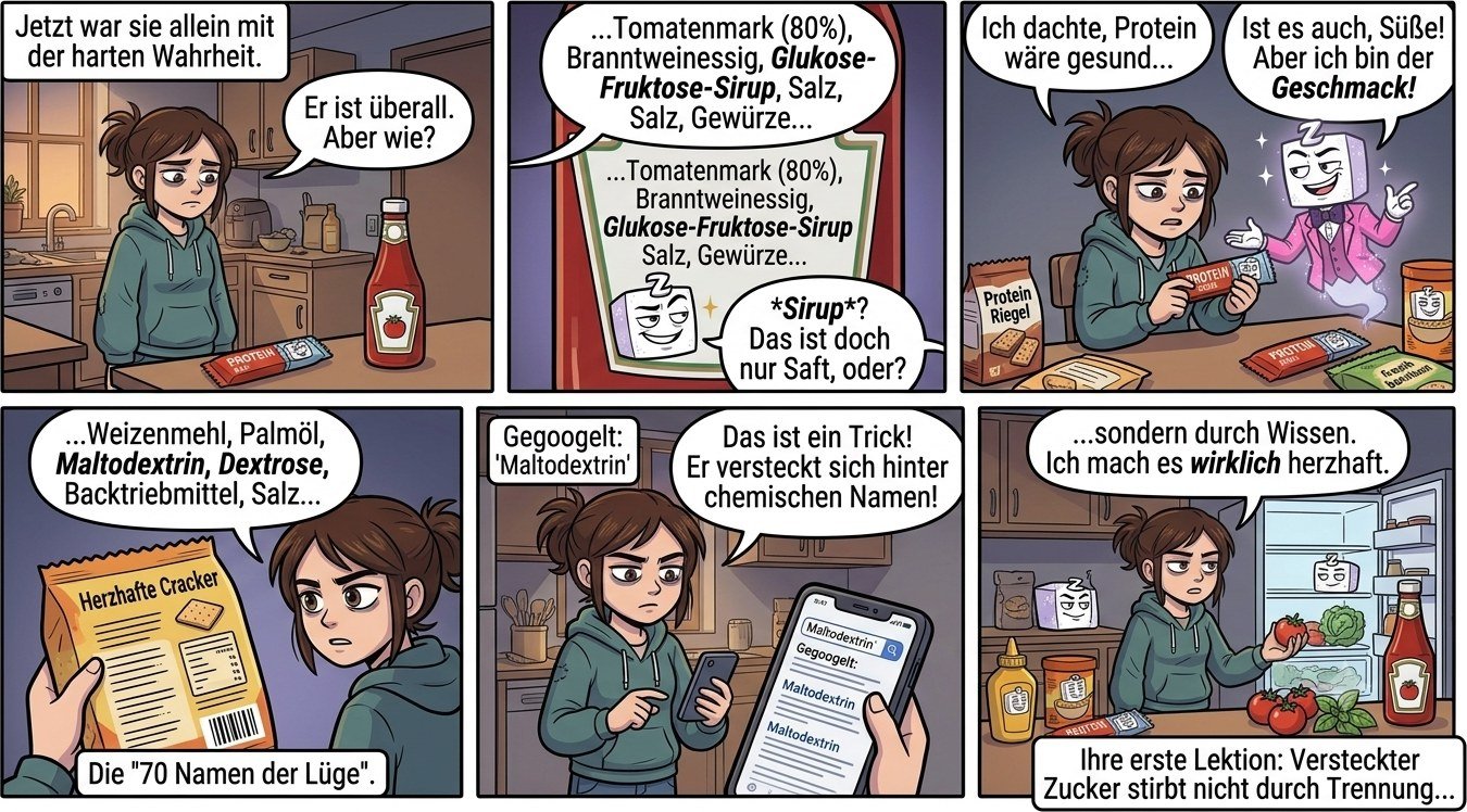 Sechs Panels: Mia allein in der Küche fragt sich, wie Zucki überall sein kann. Auf der Zutatenliste steht Glukose-Fruktose-Sirup, Zucki fragt scheinheilig, ob Sirup nicht einfach Saft sei. Beim Proteinriegel behauptet er, er sei der Geschmack. Auf den herzhaften Crackern stehen Maltodextrin und Dextrose – die siebzig Namen der Lüge. Mia googelt Maltodextrin und erkennt den Trick mit den chemischen Namen. Zum Schluss greift sie im Kühlschrank zu Tomaten und Basilikum: versteckter Zucker stirbt nicht durch Trennung, sondern durch Wissen.