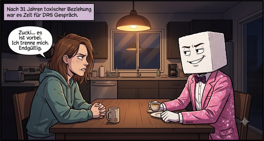 Panel aus Folge 1: Mia und Zucki sitzen sich nachts am Küchentisch gegenüber