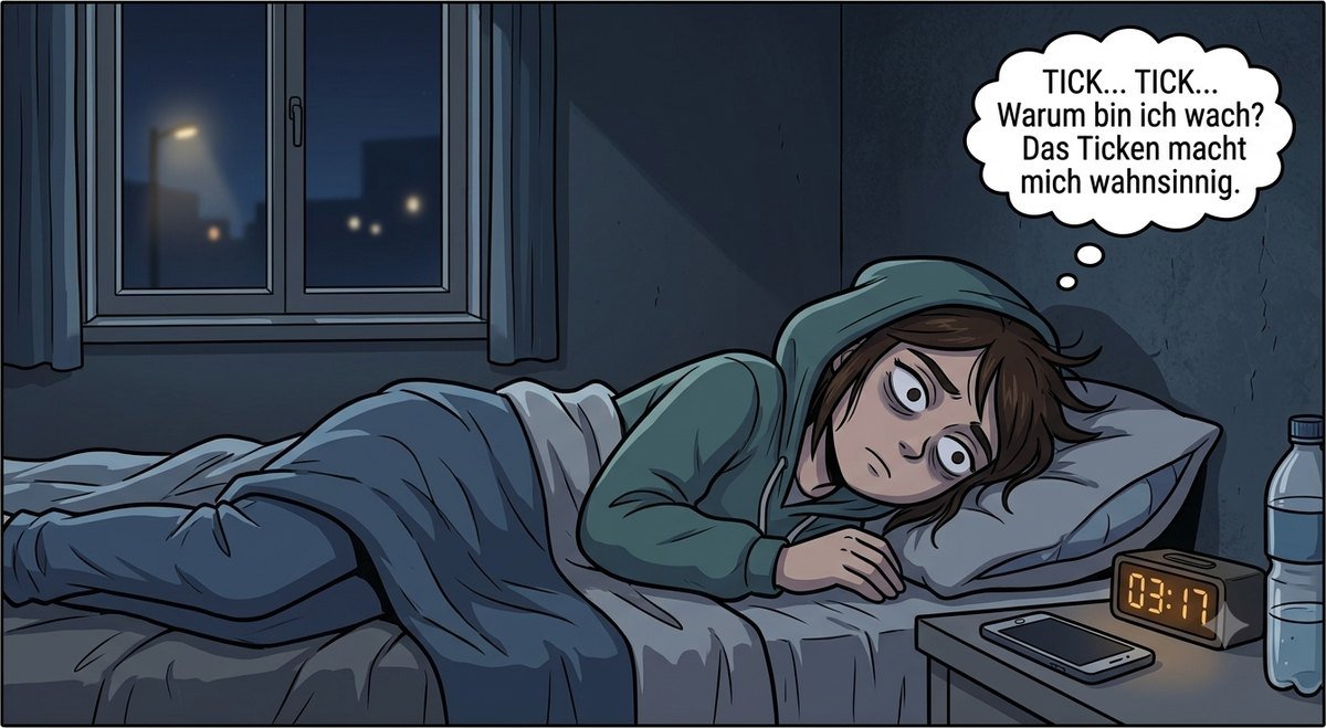 Mia liegt nachts wach im Bett, der Wecker zeigt 3:17 Uhr